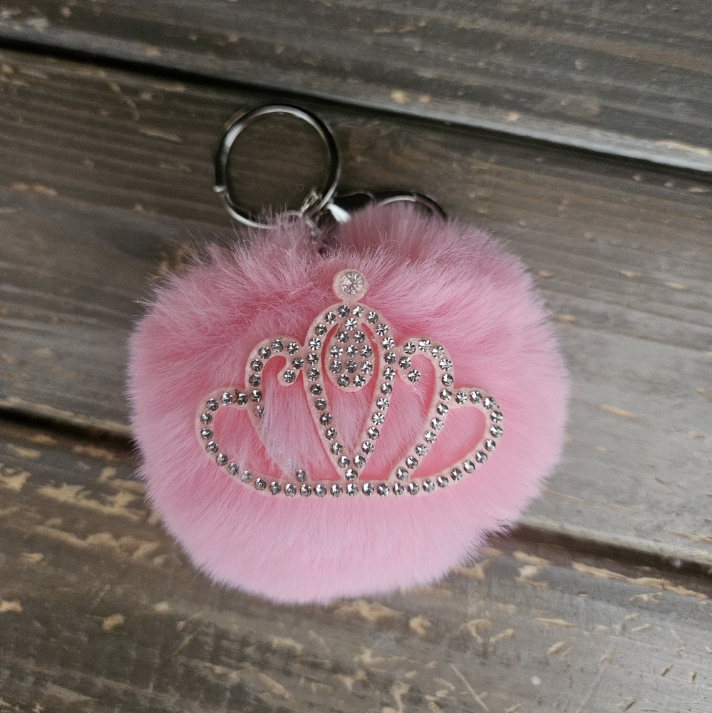 💝💝5/$25💝💝Pink Fluffy Keychain with Rhinestone Crown Accent
